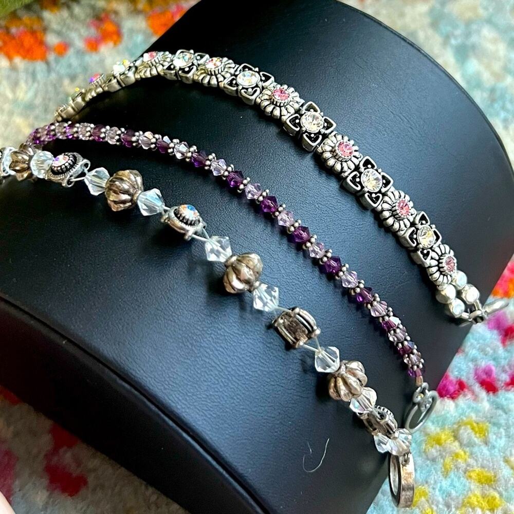 Silver + Pink, Purple, & Clear Crystal 3 Bracelet Stack Set